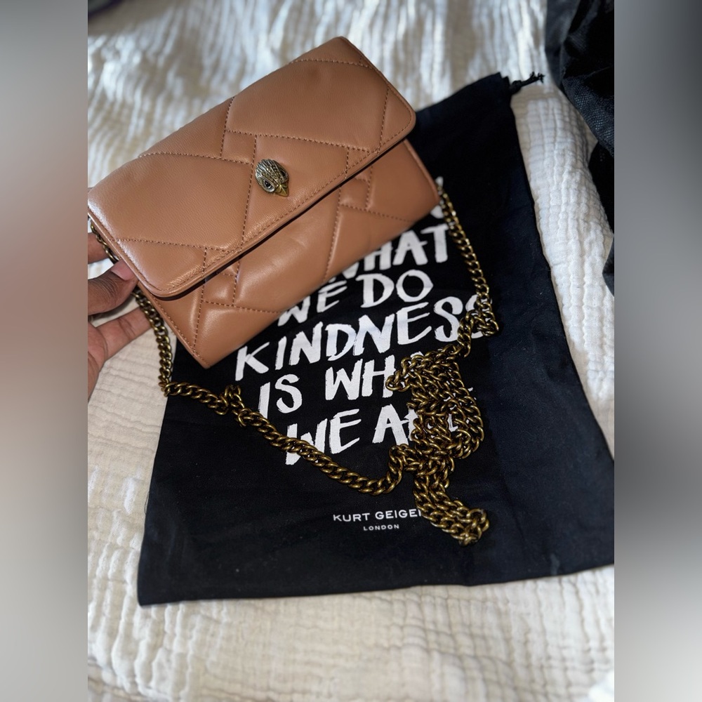 Kurt Geiger Tan Quilted Leather Crossbody with Gold Chain